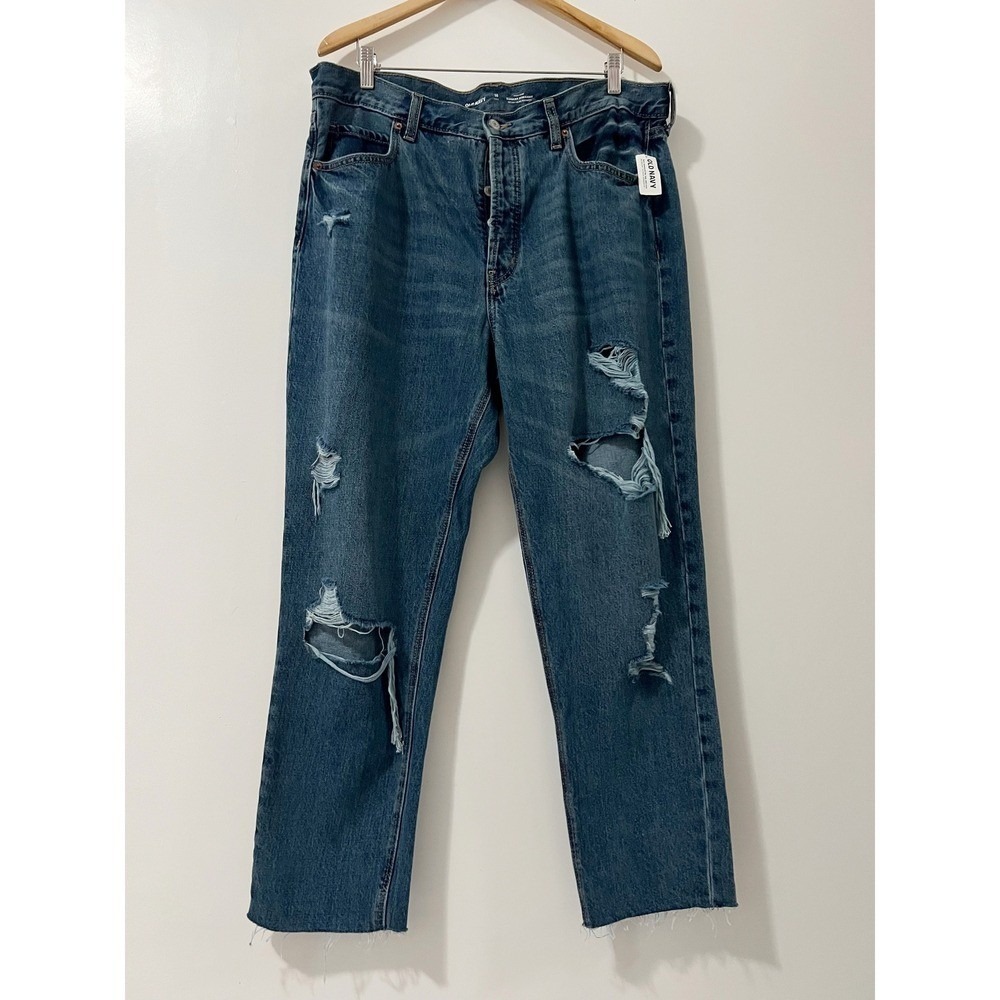 Old Navy Slouchy Straight High Rise Distressed Jeans Blue 16 Tall Button Fly NEW